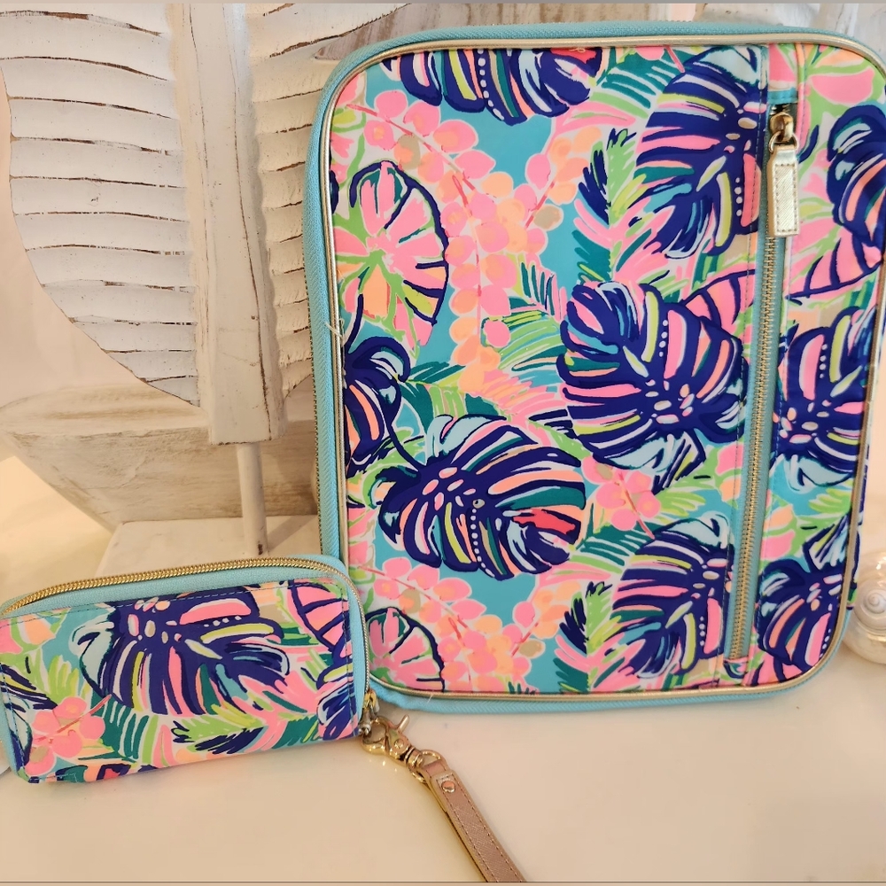 Lilly Pulitzer Tropical Leaf Print Cosmetic Case and Wristlet - Aqua, Pink, Navy